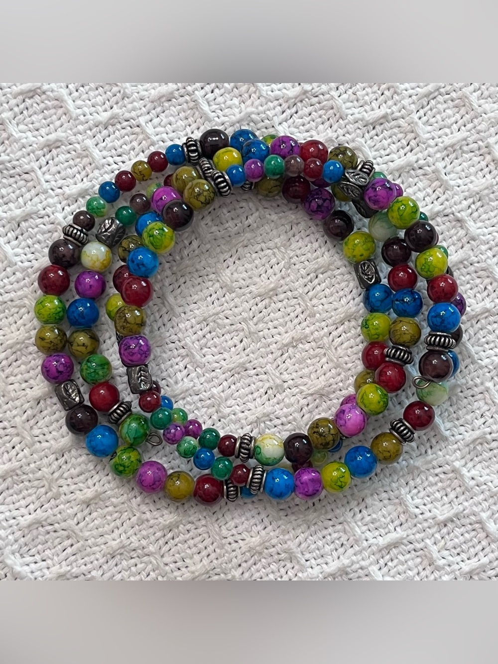 Handmade Multicolor Beaded Memory Wire Wrap Bracelet Boho